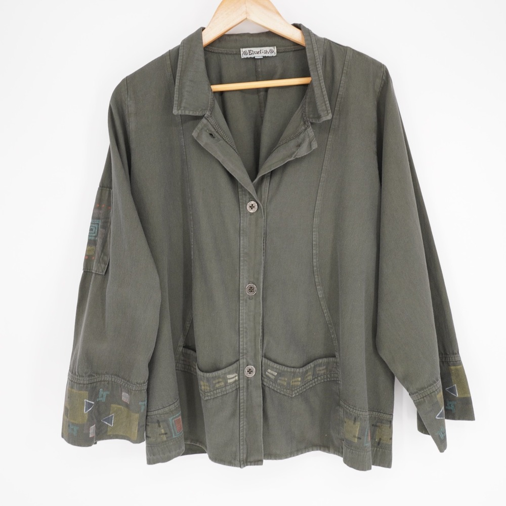 Blue Fish Jacket Womens 2 Green Cotton Twill Collared Pockets Embroidered XL/XXL
